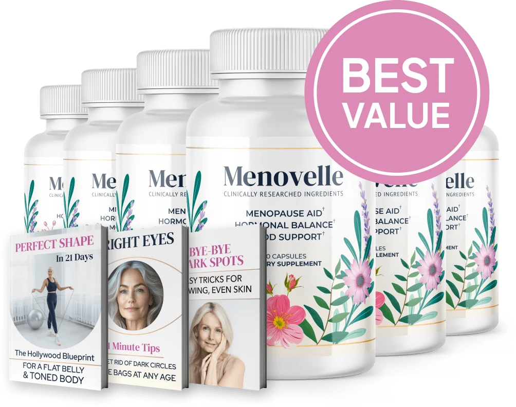 Menovelle six bottles with Perfect Shape, Bright Eyes and Bye-Bye Dark Spots bonus e-books